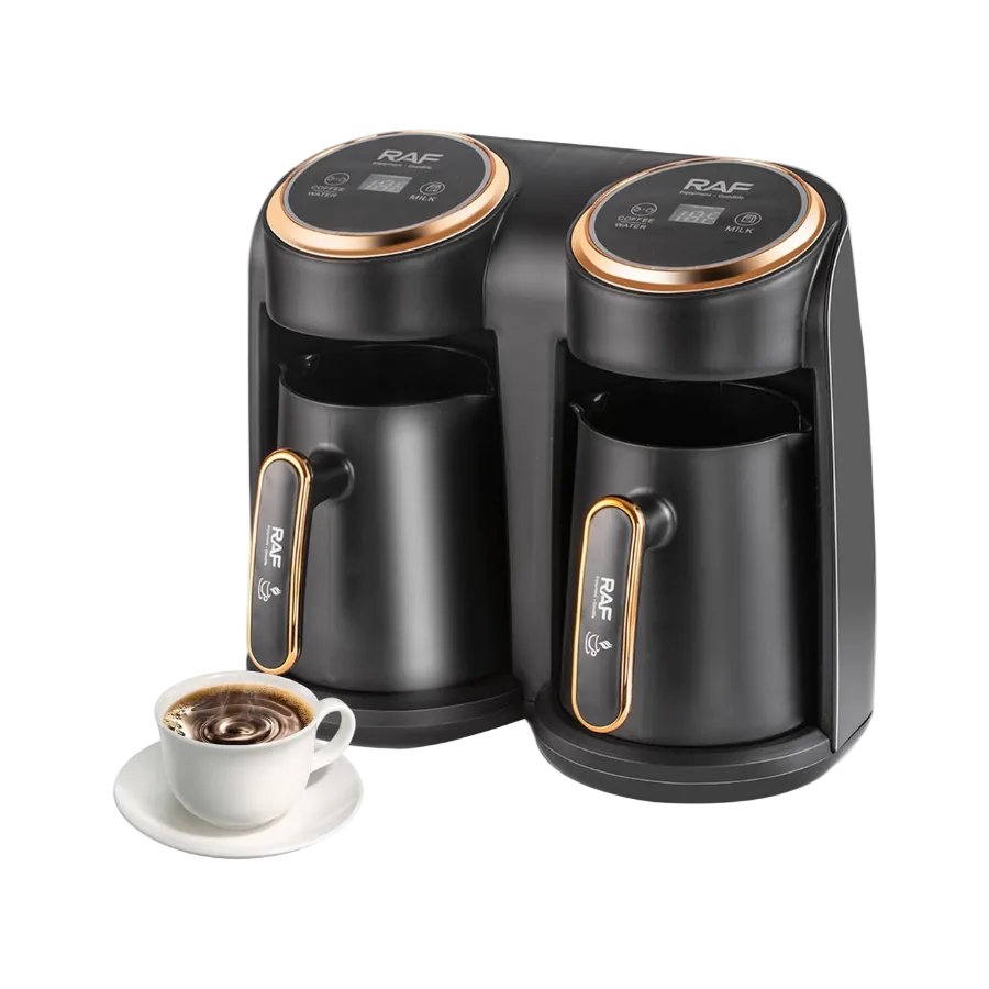 Aparat Cafea Turcească RAF R145, 600W, Dublu 2x0.3L, Încălzire Rapidă, Protecție la Supraîncălzire, Auriu/Negru