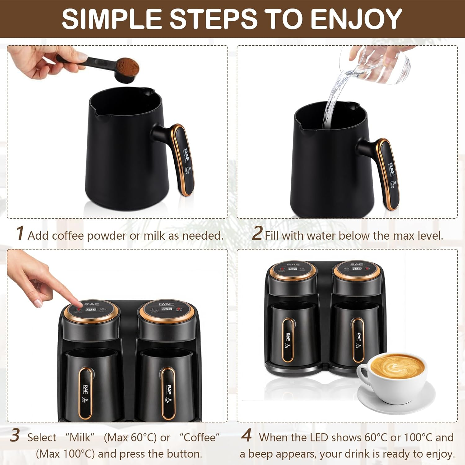 Aparat Cafea Turcească RAF R145, 600W, Dublu 2x0.3L, Încălzire Rapidă, Protecție la Supraîncălzire, Auriu/Negru