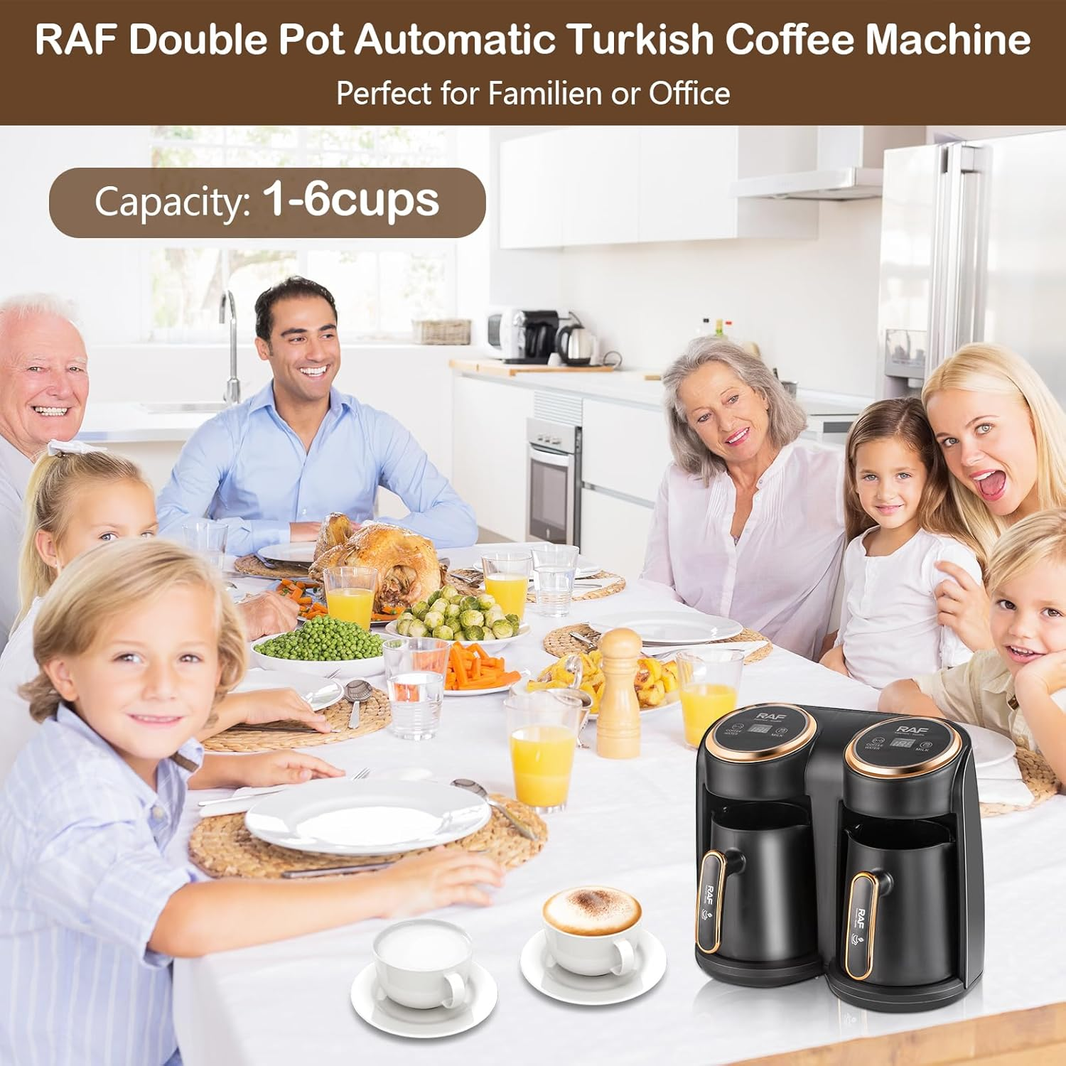 Aparat Cafea Turcească RAF R145, 600W, Dublu 2x0.3L, Încălzire Rapidă, Protecție la Supraîncălzire, Auriu/Negru