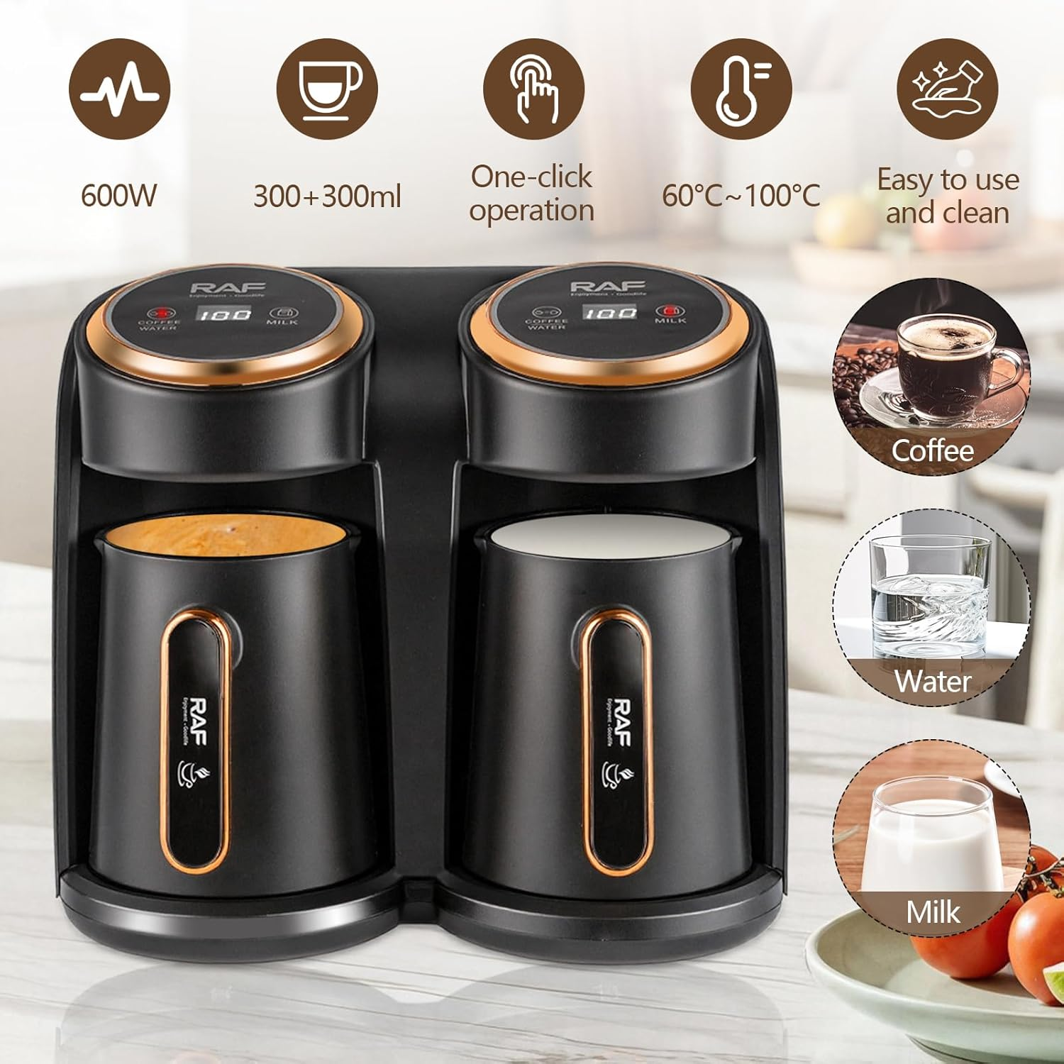 Aparat Cafea Turcească RAF R145, 600W, Dublu 2x0.3L, Încălzire Rapidă, Protecție la Supraîncălzire, Auriu/Negru