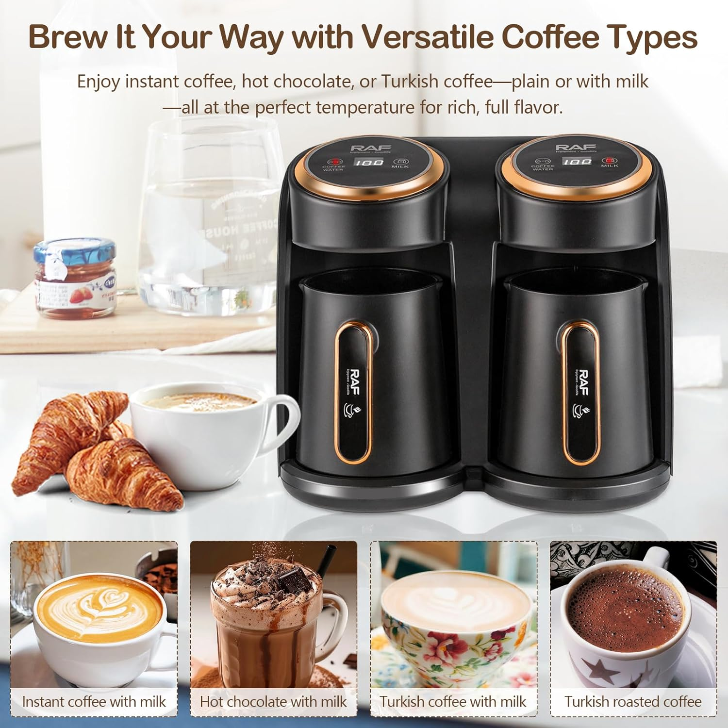Aparat Cafea Turcească RAF R145, 600W, Dublu 2x0.3L, Încălzire Rapidă, Protecție la Supraîncălzire, Auriu/Negru