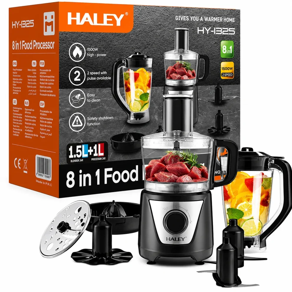 Robot de Bucătărie Multifuncțional HALEY HY-1325, 8 în 1 | 1500W | Blender 1.5L + Procesor 1L | 2 Viteze + Pulse | Lame Inox