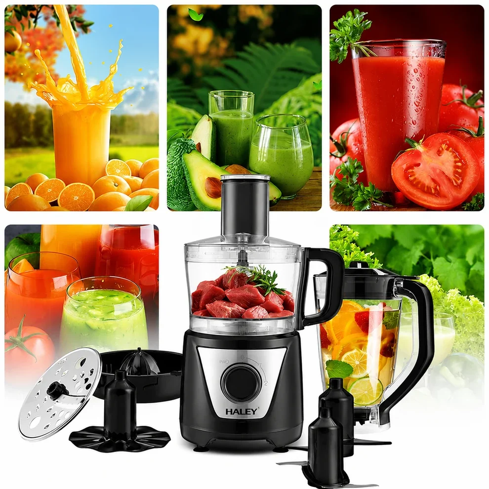 Robot de Bucătărie Multifuncțional HALEY HY-1325, 8 în 1 | 1500W | Blender 1.5L + Procesor 1L | 2 Viteze + Pulse | Lame Inox
