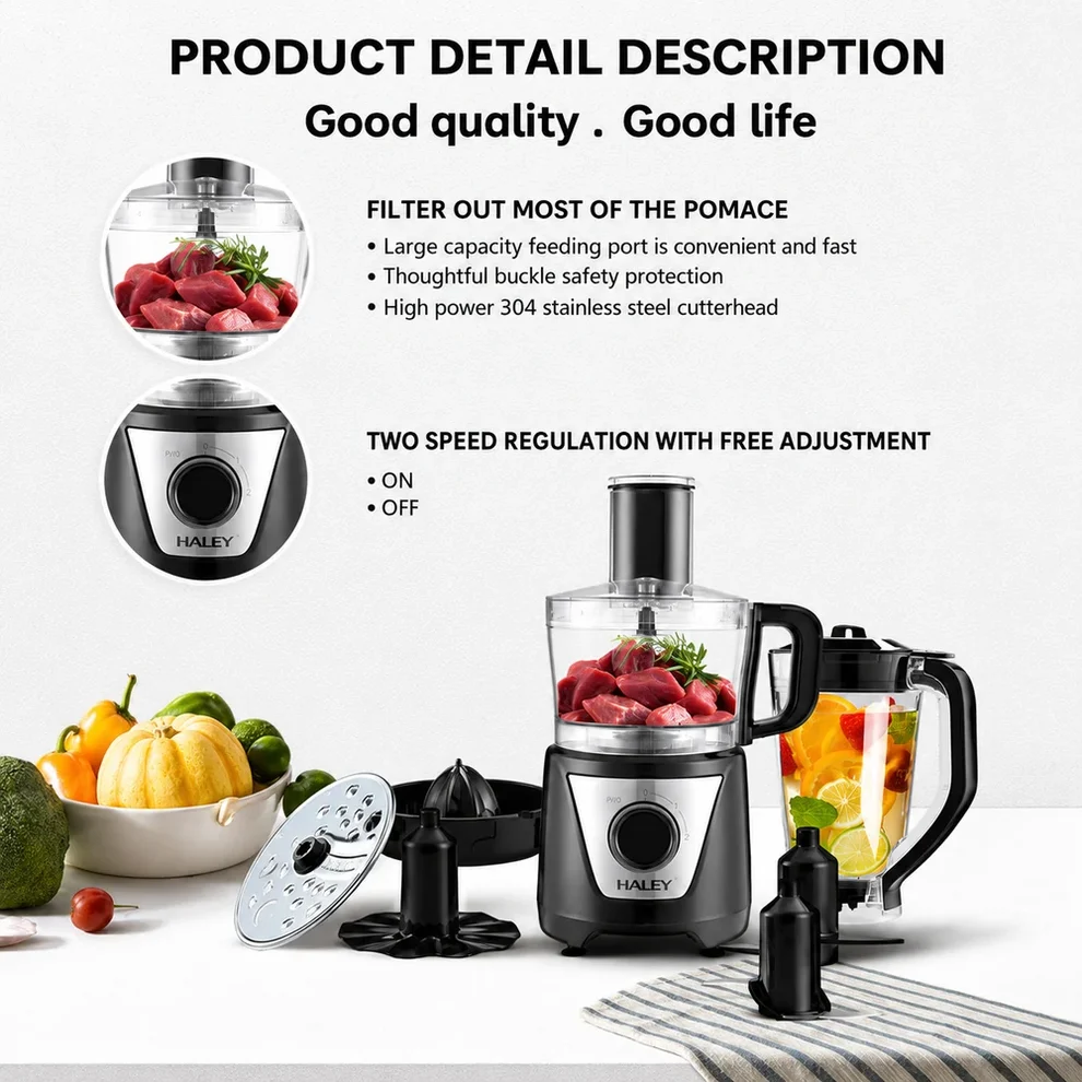 Robot de Bucătărie Multifuncțional HALEY HY-1325, 8 în 1 | 1500W | Blender 1.5L + Procesor 1L | 2 Viteze + Pulse | Lame Inox