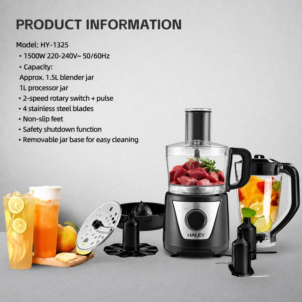 Robot de Bucătărie Multifuncțional HALEY HY-1325, 8 în 1 | 1500W | Blender 1.5L + Procesor 1L | 2 Viteze + Pulse | Lame Inox