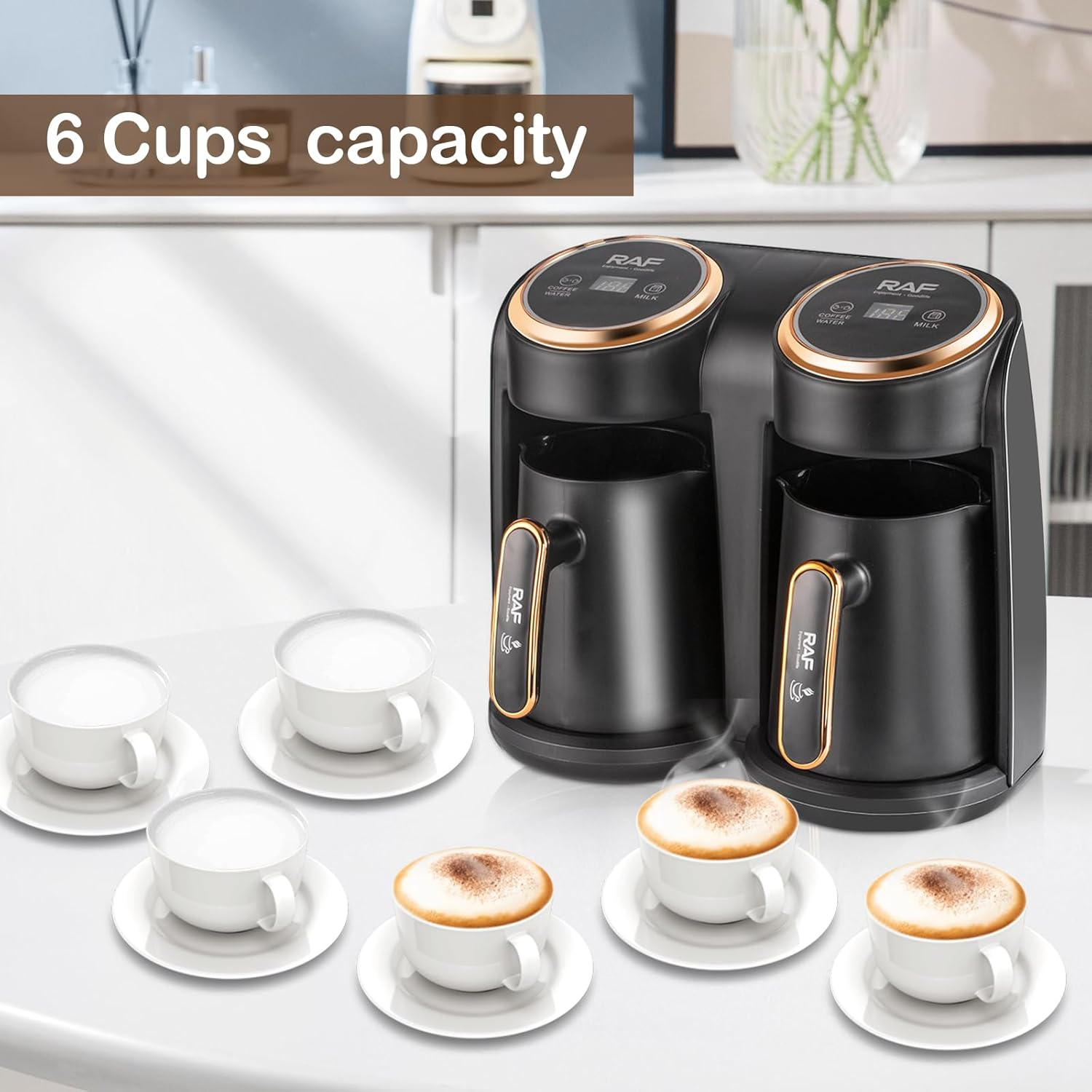 Aparat Cafea Turcească RAF R145, 600W, Dublu 2x0.3L, Încălzire Rapidă, Protecție la Supraîncălzire, Auriu/Negru