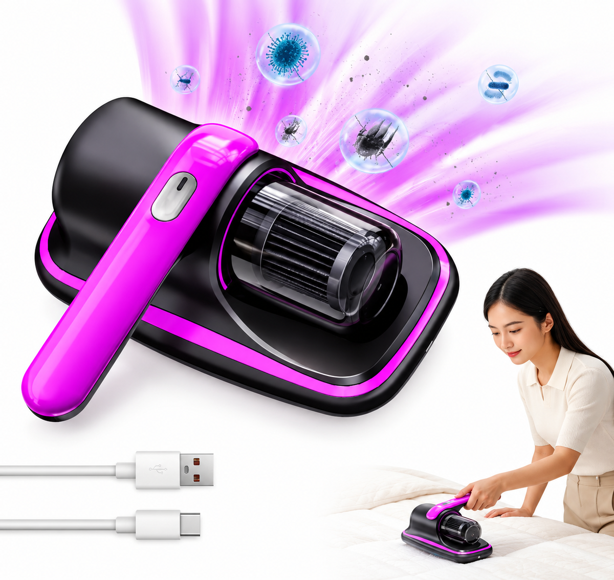 Aspirator de Pat și Saltea Electric, Portabil, cu Filtru HEPA, Sistem de Aspirare pentru Praf, Acarieni și Alergeni, Alimentare USB, Design Compact și Ergonomic, Negru/Roz