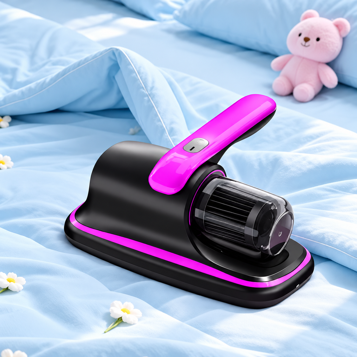 Aspirator de Pat și Saltea Electric, Portabil, cu Filtru HEPA, Sistem de Aspirare pentru Praf, Acarieni și Alergeni, Alimentare USB, Design Compact și Ergonomic, Negru/Roz