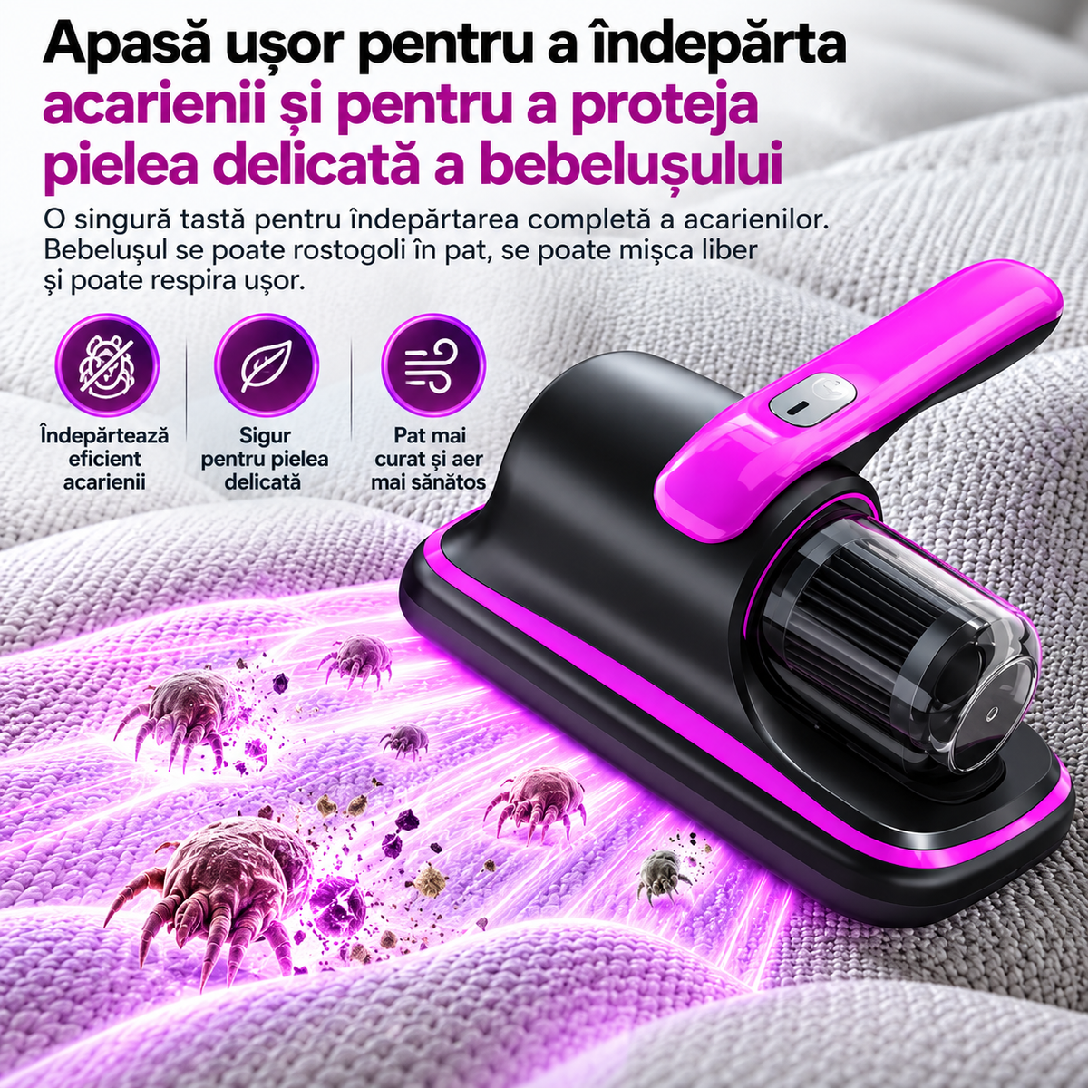 Aspirator de Pat și Saltea Electric, Portabil, cu Filtru HEPA, Sistem de Aspirare pentru Praf, Acarieni și Alergeni, Alimentare USB, Design Compact și Ergonomic, Negru/Roz