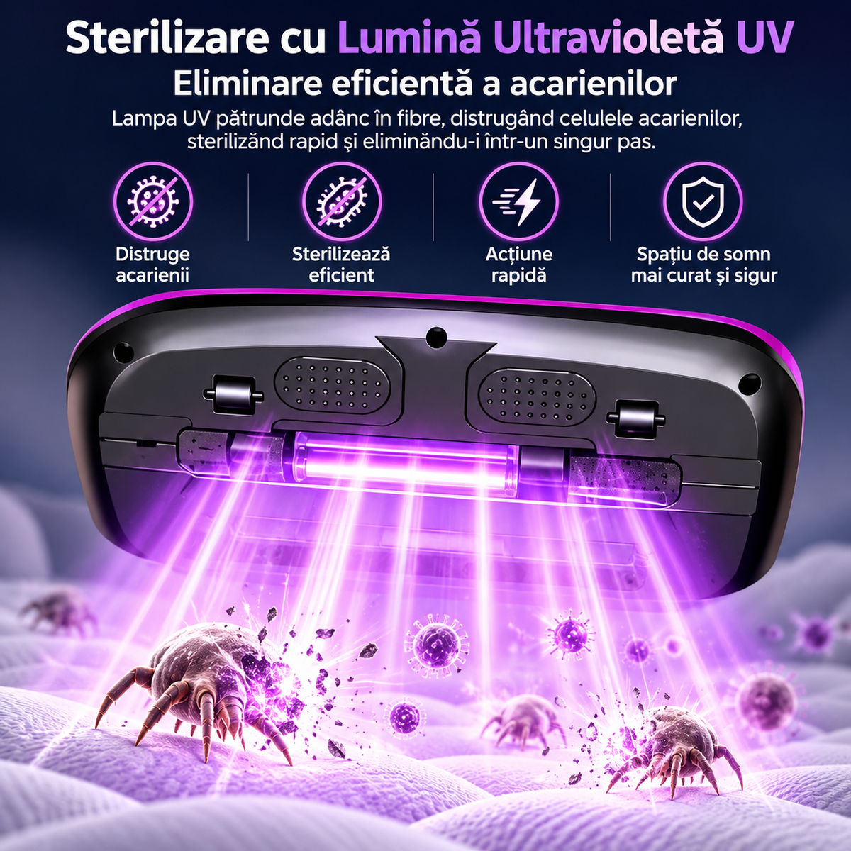 Aspirator de Pat și Saltea Electric, Portabil, cu Filtru HEPA, Sistem de Aspirare pentru Praf, Acarieni și Alergeni, Alimentare USB, Design Compact și Ergonomic, Negru/Roz