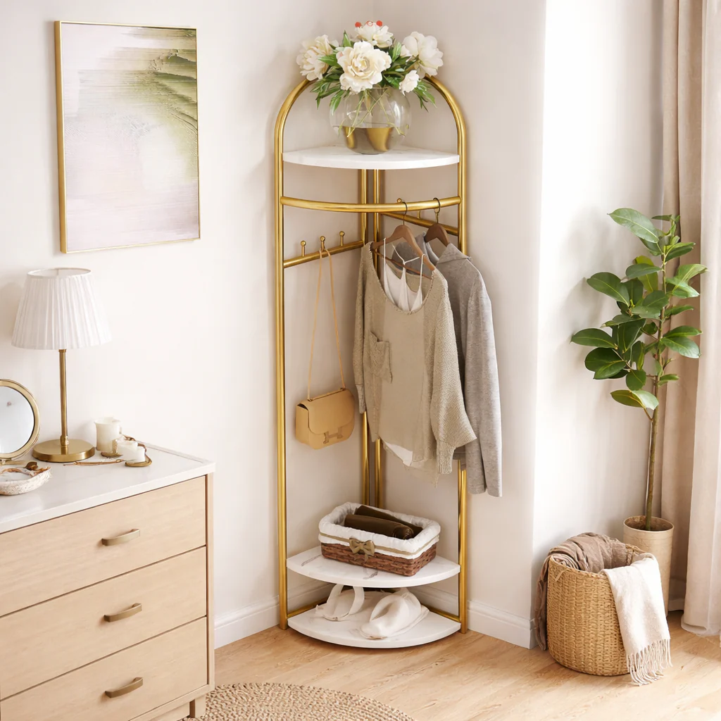 Cuier Metalic de Colț cu 3 Polițe și 6 Agățători, Rafturi din MDF, Design Modern Auriu, Organizator pentru Haine, Genți și Accesorii, 51x32x160 cm
