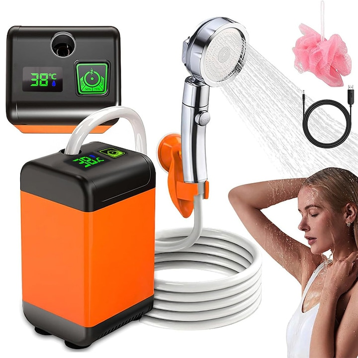 Duș Portabil pentru Camping cu Acumulator 7800 mAh | Debit Reglabil 0–9 L/min | Afișaj Temperatură | Furtun 2 m | IPX7 | Pompă Electrică Reîncărcabilă