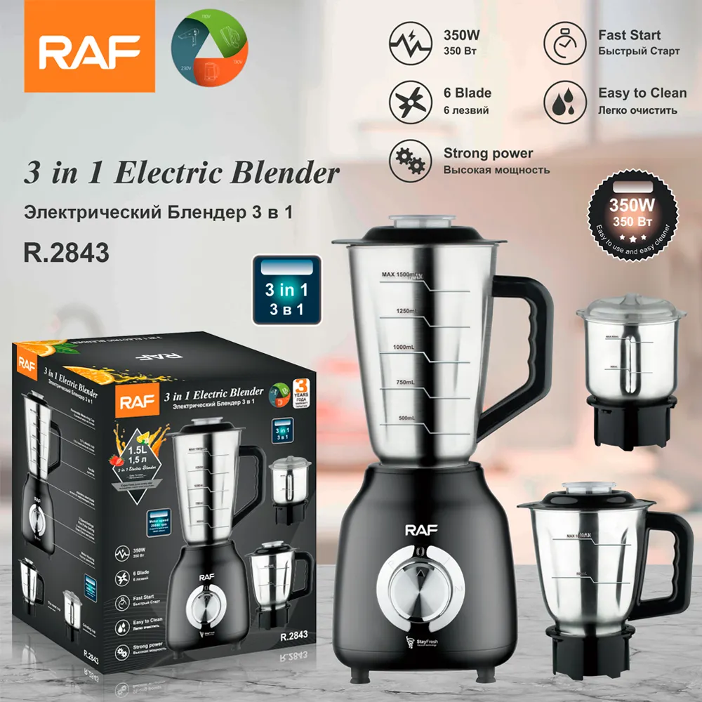 Blender Multifunctional 3 in 1 RAF 2843 cu Lame din Otel Inoxidabil, Capacitate 1.5L