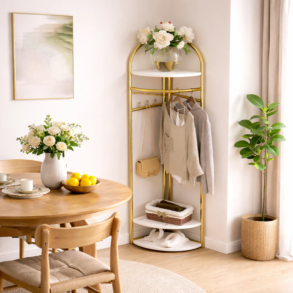 Cuier Metalic de Colț cu 3 Polițe și 6 Agățători, Rafturi din MDF, Design Modern Auriu, Organizator pentru Haine, Genți și Accesorii, 51x32x160 cm