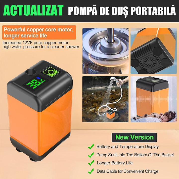 Duș Portabil pentru Camping cu Acumulator 7800 mAh | Debit Reglabil 0–9 L/min | Afișaj Temperatură | Furtun 2 m | IPX7 | Pompă Electrică Reîncărcabilă