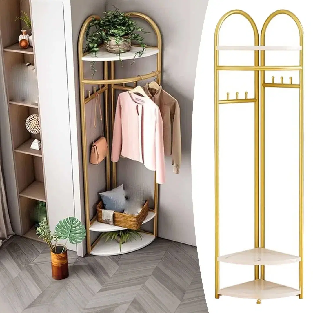 Cuier Metalic de Colț cu 3 Polițe și 6 Agățători, Rafturi din MDF, Design Modern Auriu, Organizator pentru Haine, Genți și Accesorii, 51x32x160 cm