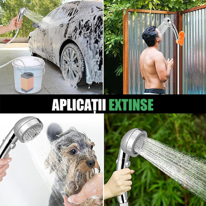 Duș Portabil pentru Camping cu Acumulator 7800 mAh | Debit Reglabil 0–9 L/min | Afișaj Temperatură | Furtun 2 m | IPX7 | Pompă Electrică Reîncărcabilă