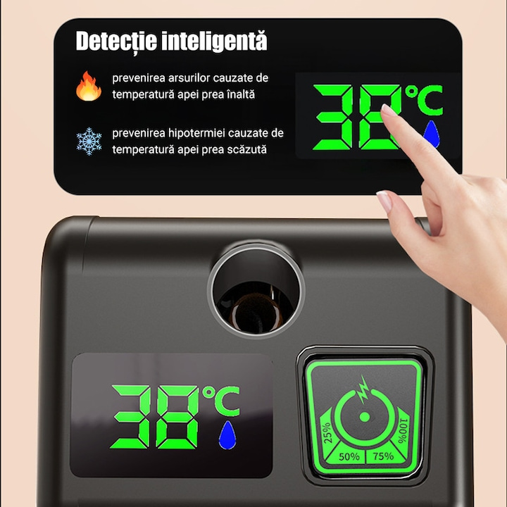 Duș Portabil pentru Camping cu Acumulator 7800 mAh | Debit Reglabil 0–9 L/min | Afișaj Temperatură | Furtun 2 m | IPX7 | Pompă Electrică Reîncărcabilă