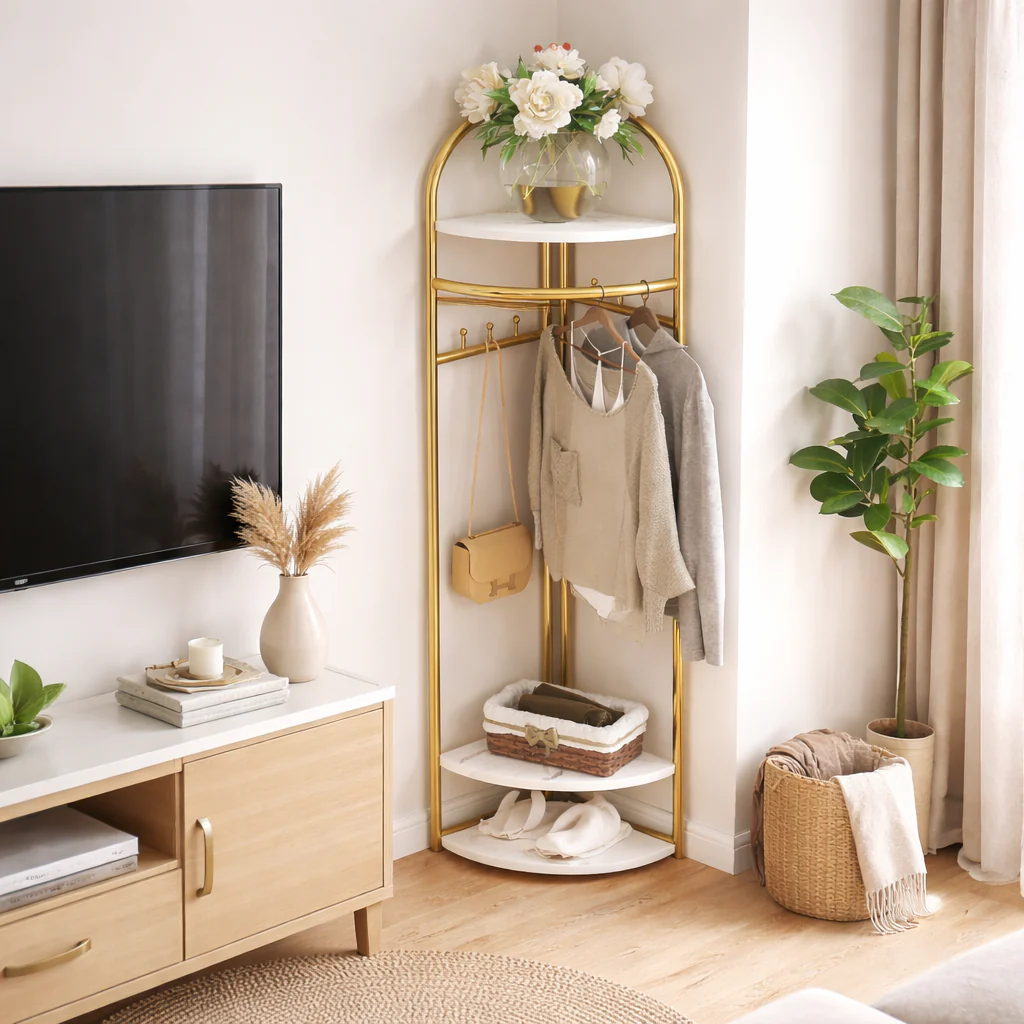Cuier Metalic de Colț cu 3 Polițe și 6 Agățători, Rafturi din MDF, Design Modern Auriu, Organizator pentru Haine, Genți și Accesorii, 51x32x160 cm