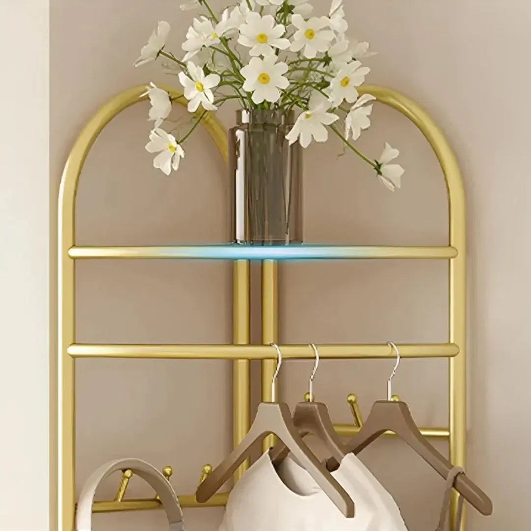 Cuier Metalic de Colț cu 3 Polițe și 6 Agățători, Rafturi din MDF, Design Modern Auriu, Organizator pentru Haine, Genți și Accesorii, 51x32x160 cm