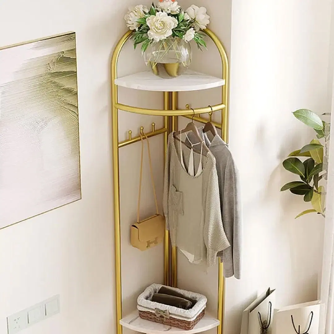 Cuier Metalic de Colț cu 3 Polițe și 6 Agățători, Rafturi din MDF, Design Modern Auriu, Organizator pentru Haine, Genți și Accesorii, 51x32x160 cm