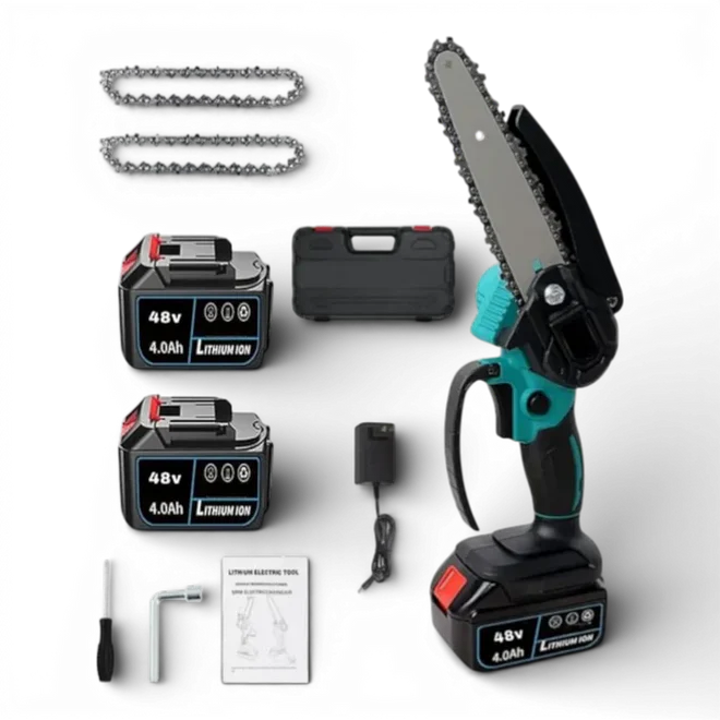 Mini drujbă electrică fără fir 8 inch, 48V, 2 acumulatori Li-Ion, set complet cu lanț și accesorii