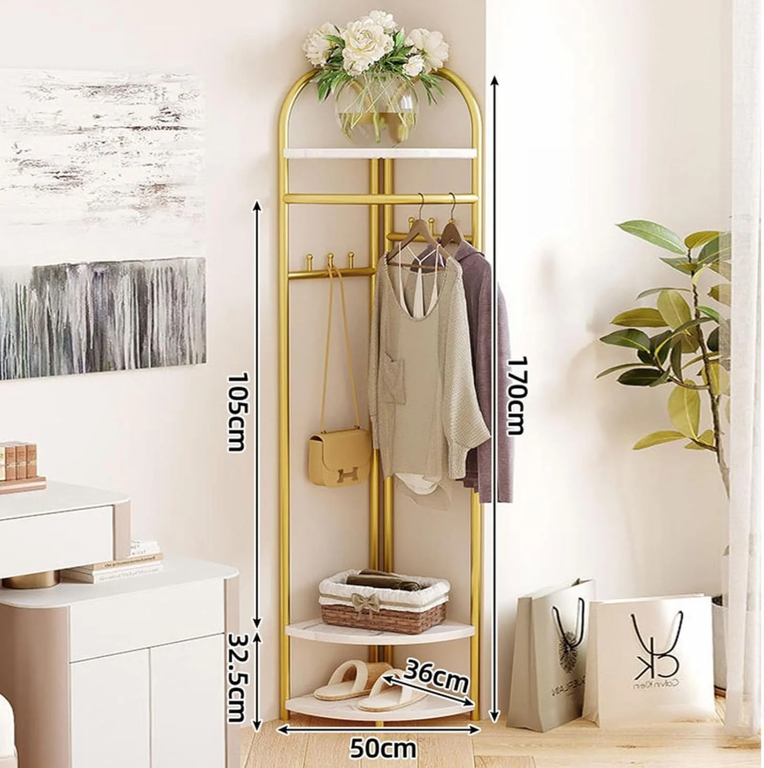 Cuier Metalic de Colț cu 3 Polițe și 6 Agățători, Rafturi din MDF, Design Modern Auriu, Organizator pentru Haine, Genți și Accesorii, 51x32x160 cm