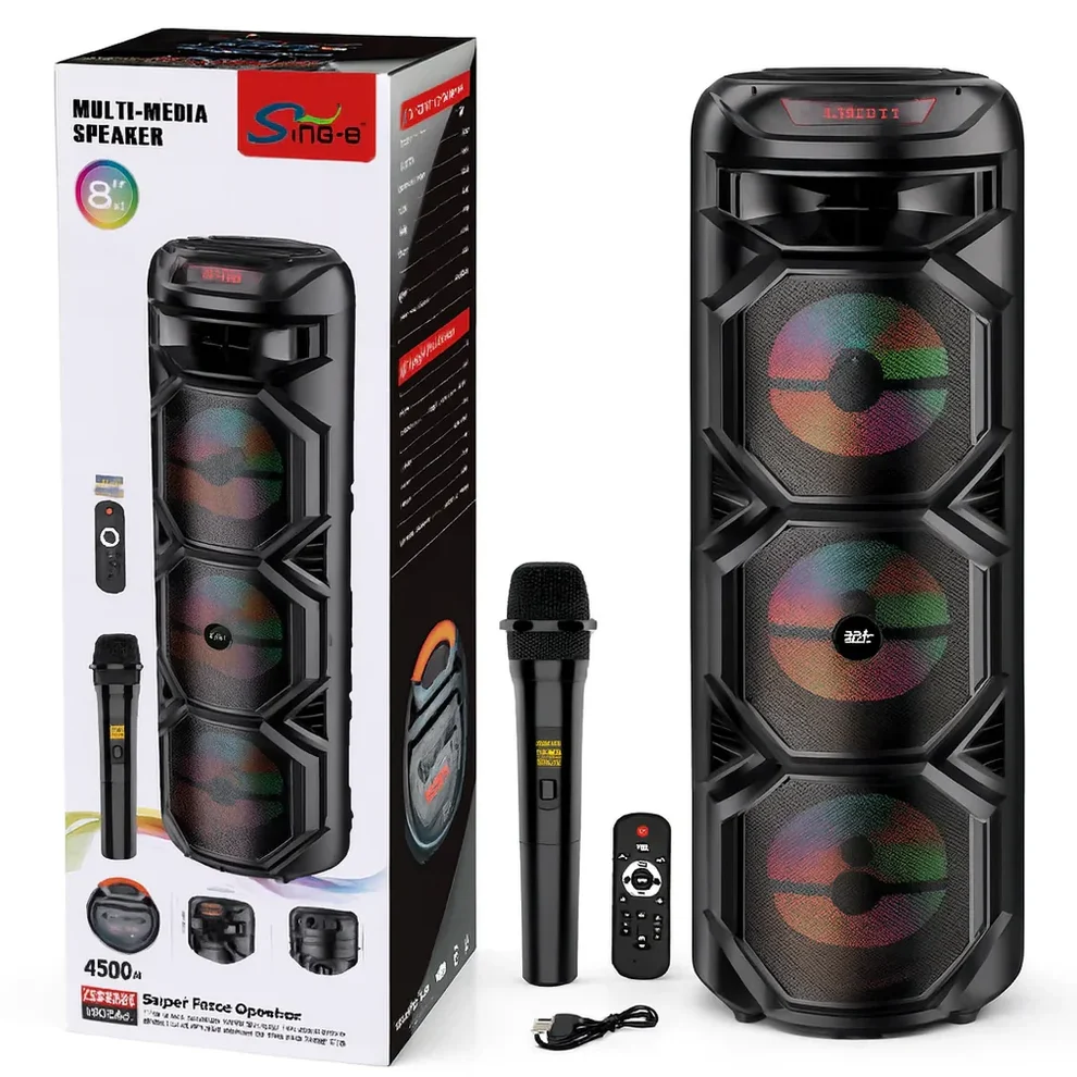 Boxă Portabilă Sing-e AT Performance ZQS8301, 3×8”, 60W | Bluetooth 5.0 | Lumini LED RGB | Microfon Wireless | Karaoke