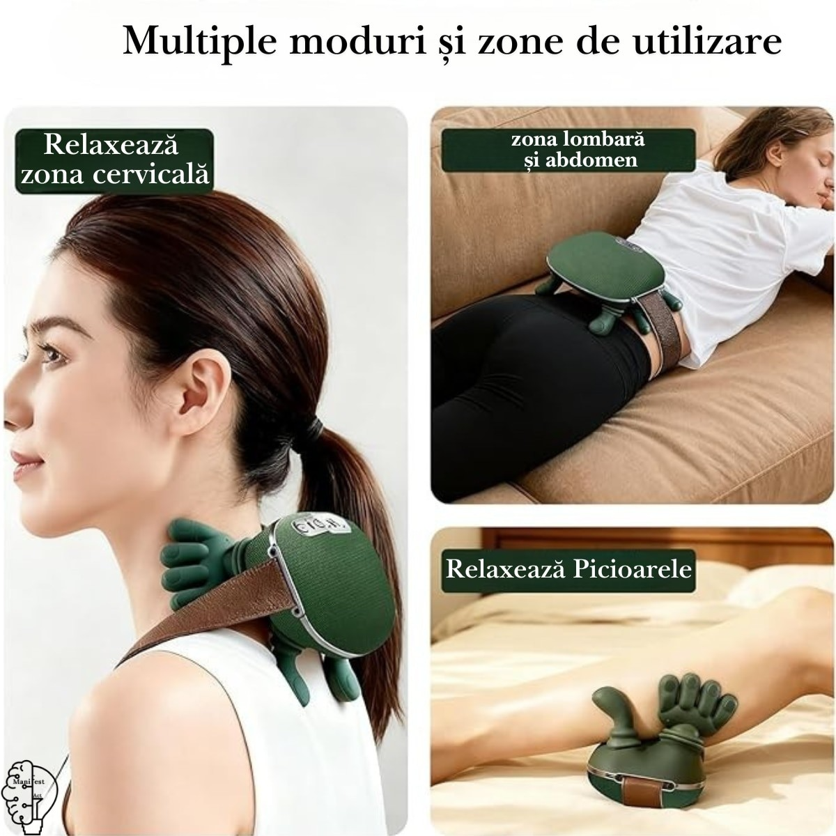 Aparat de Masaj Cervical 4D cu Încălzire | 3 Trepte | Fără Fir | Gât, Umeri, Brațe și Gambe | Încărcare USB | Verde