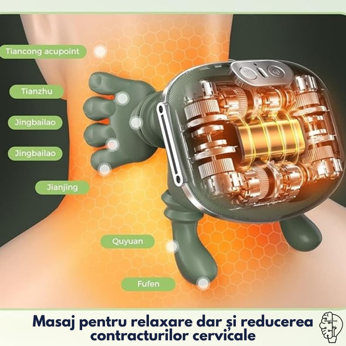 Aparat de Masaj Cervical 4D cu Încălzire | 3 Trepte | Fără Fir | Gât, Umeri, Brațe și Gambe | Încărcare USB | Verde