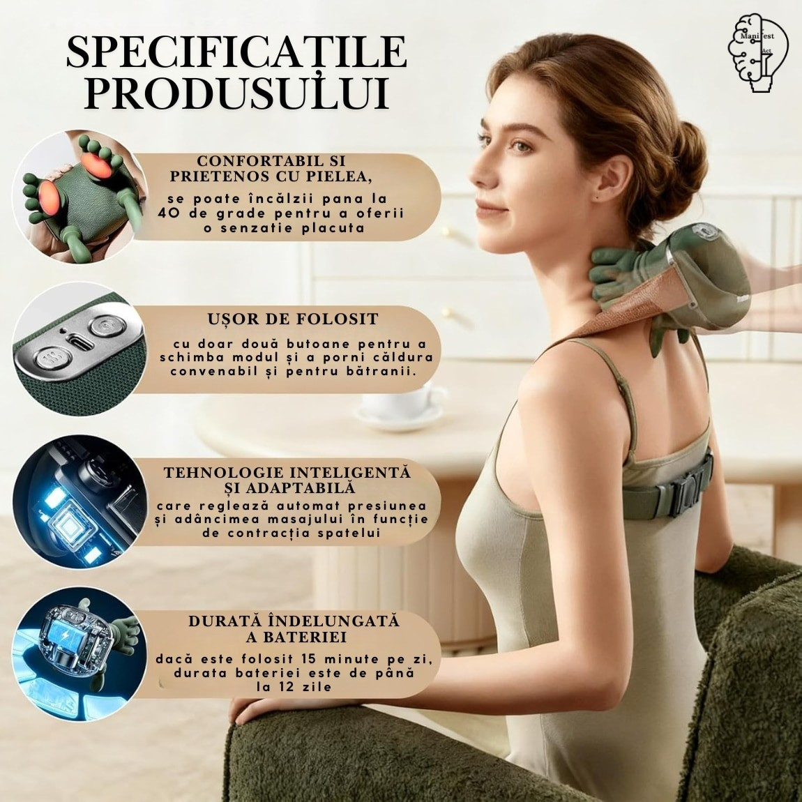 Aparat de Masaj Cervical 4D cu Încălzire | 3 Trepte | Fără Fir | Gât, Umeri, Brațe și Gambe | Încărcare USB | Verde