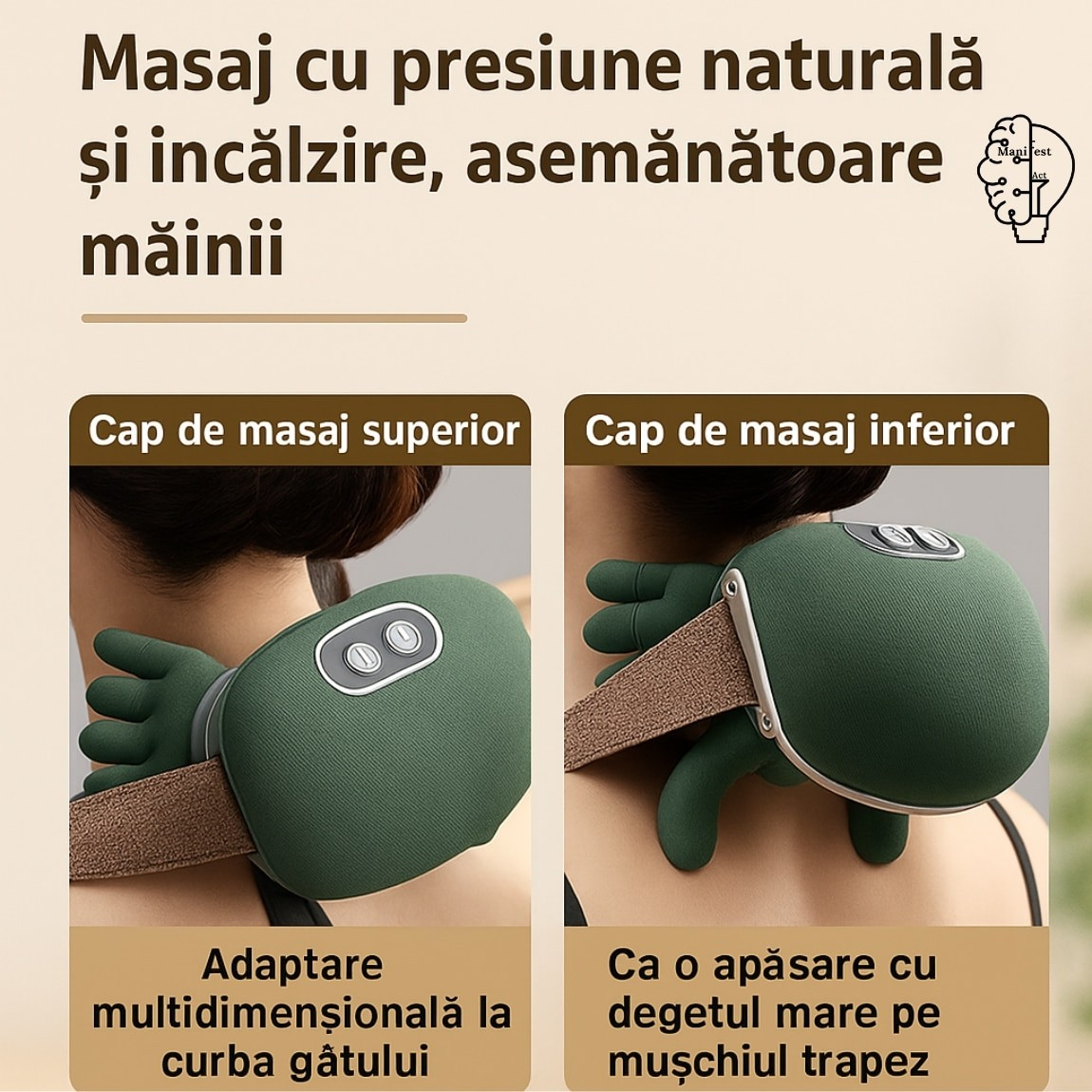 Aparat de Masaj Cervical 4D cu Încălzire | 3 Trepte | Fără Fir | Gât, Umeri, Brațe și Gambe | Încărcare USB | Verde