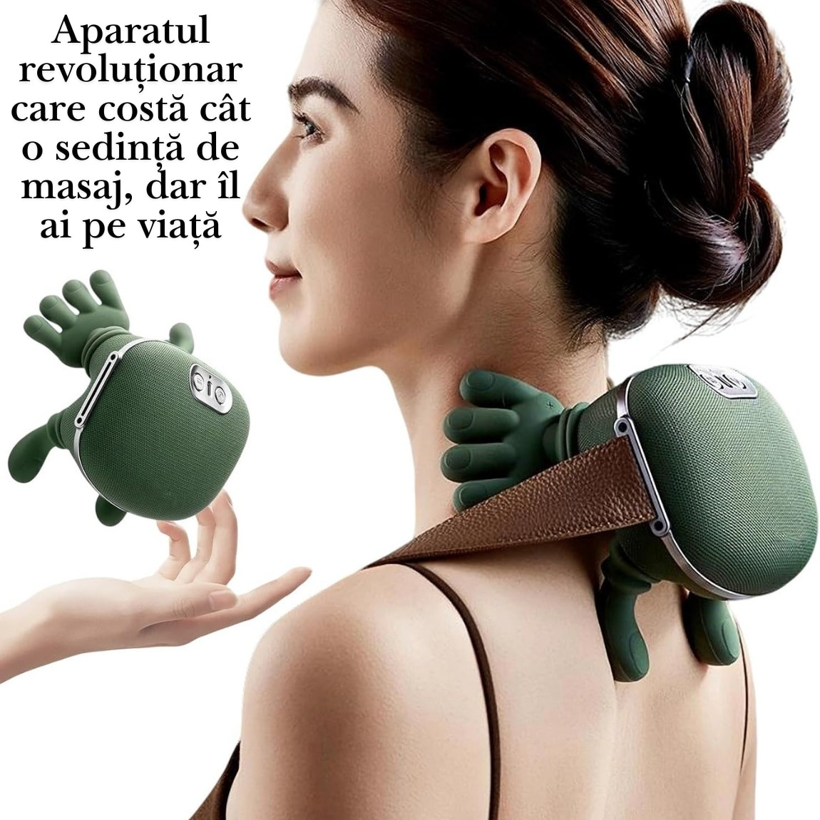 Aparat de Masaj Cervical 4D cu Încălzire | 3 Trepte | Fără Fir | Gât, Umeri, Brațe și Gambe | Încărcare USB | Verde