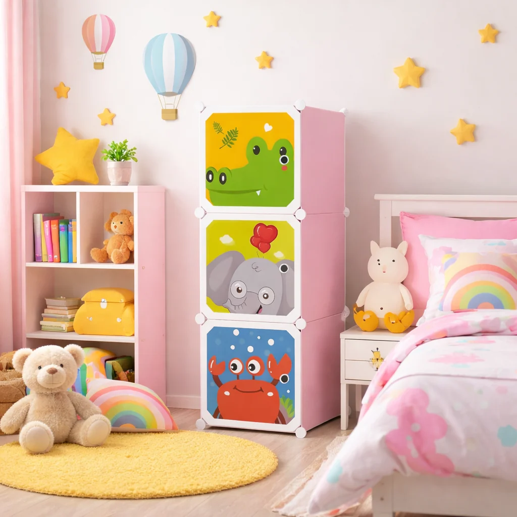 Dulap Modular pentru Copii, 3 Compartimente, 111 × 37 × 37 cm | Polipropilenă, Cadru Metalic | Diferite Modele