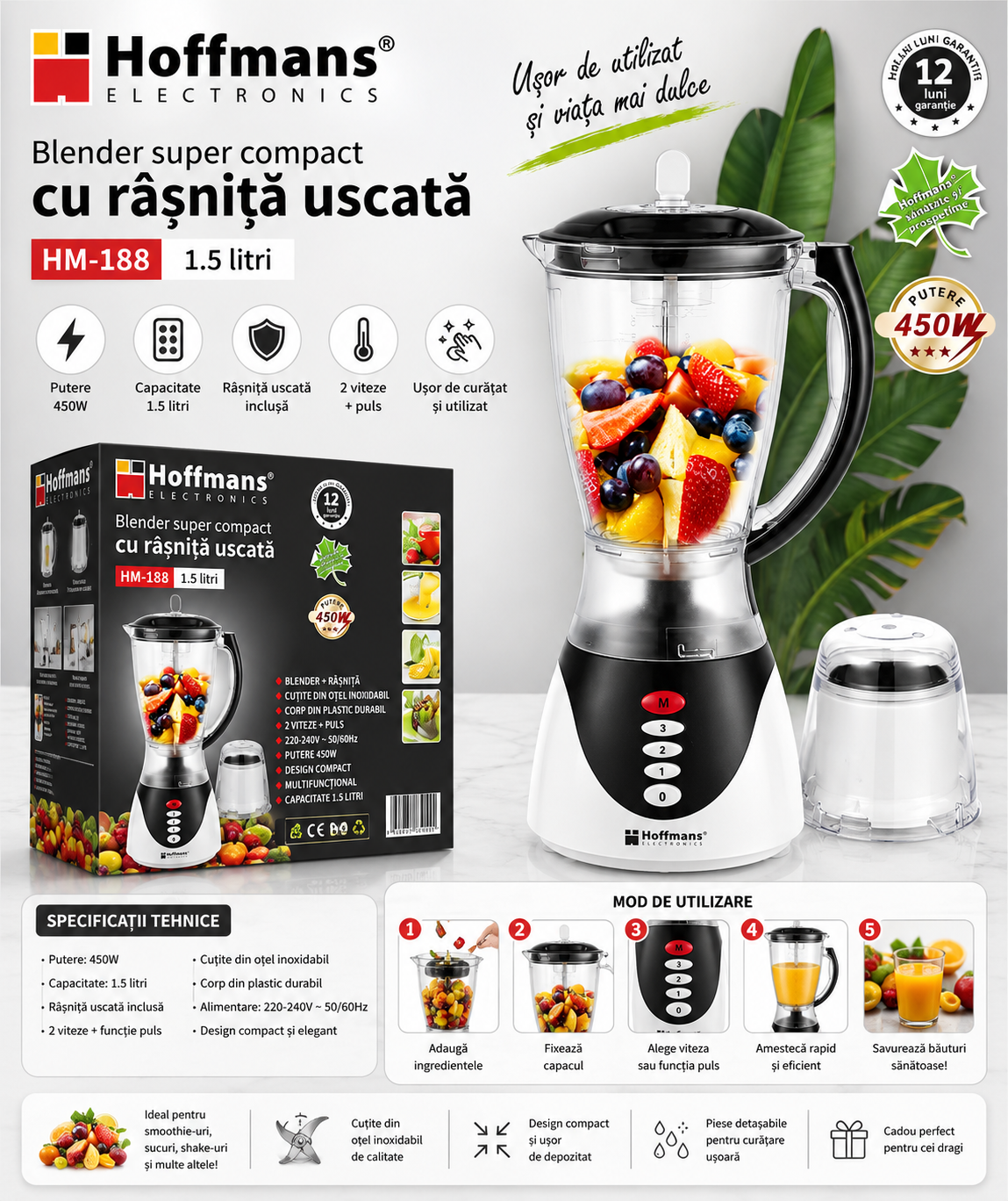 Blender Electric HOFFMANS HM-188, 450W, Recipient 1.5L, 3 Programe, Lame Inox, Mixare Rapidă pentru Fructe și Legume