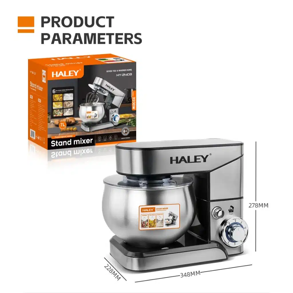 Robot de Bucătărie Multifuncțional HALEY HY-2403, 2200W, Bol Inox 7L | Mixer Planetar | 6 Viteze + Turbo | 3 Accesorii Incluse