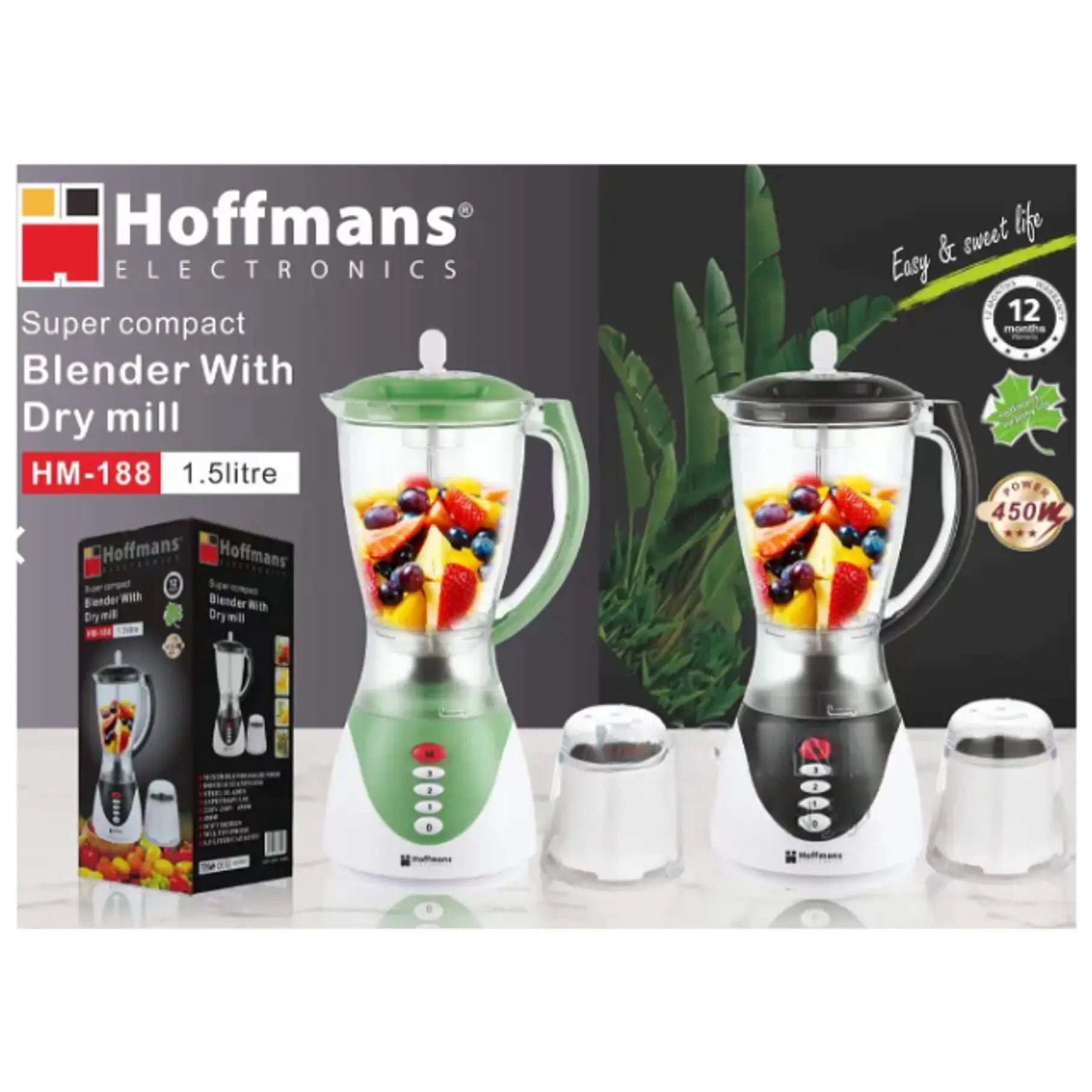 Blender Electric HOFFMANS HM-188, 450W, Recipient 1.5L, 3 Programe, Lame Inox, Mixare Rapidă pentru Fructe și Legume