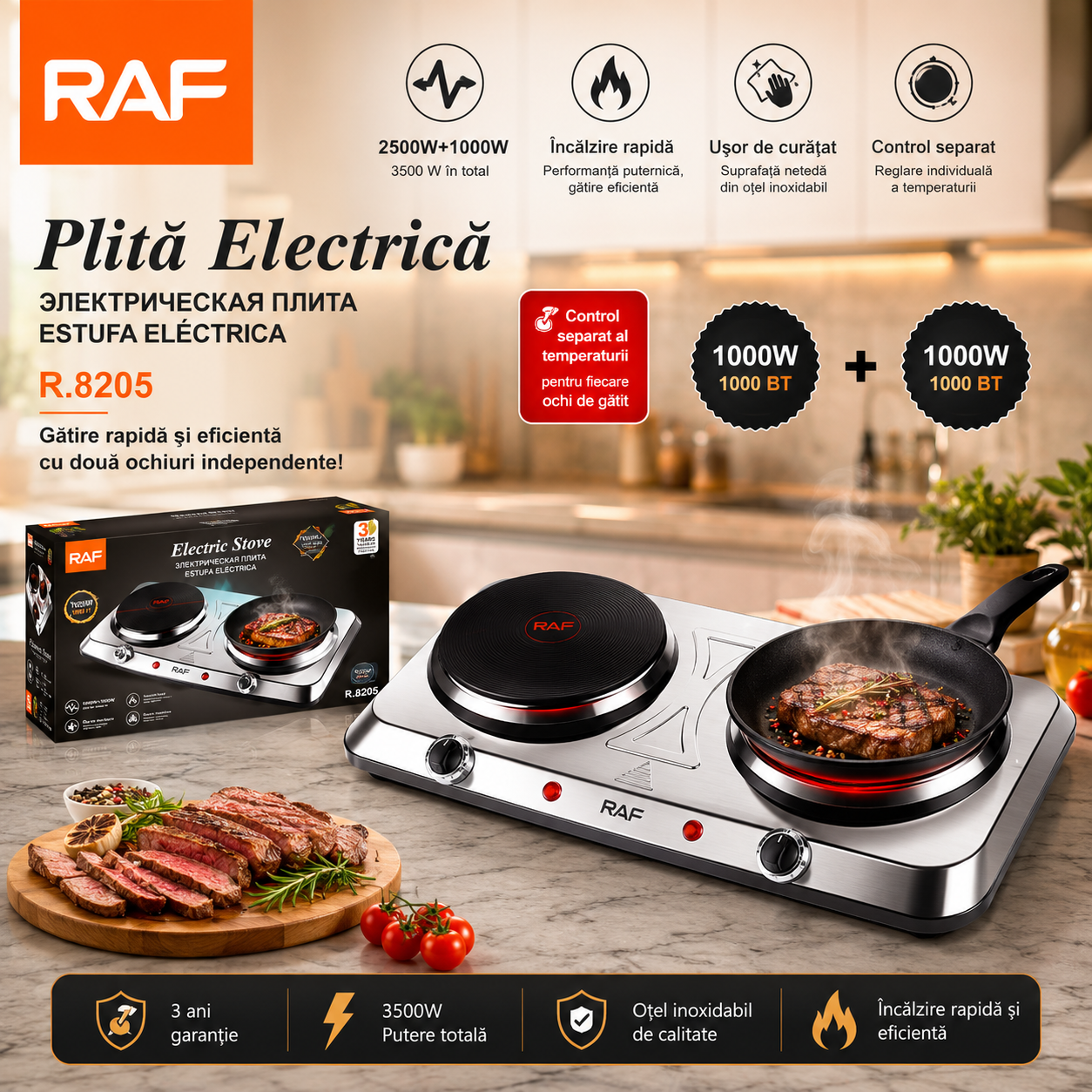 Plită Electrică Dublă RAF R.8205, 2000W, 2 Ochiuri, Inox, Control Mecanic, Temperatură Reglabilă, Portabilă pentru Acasă și Camping