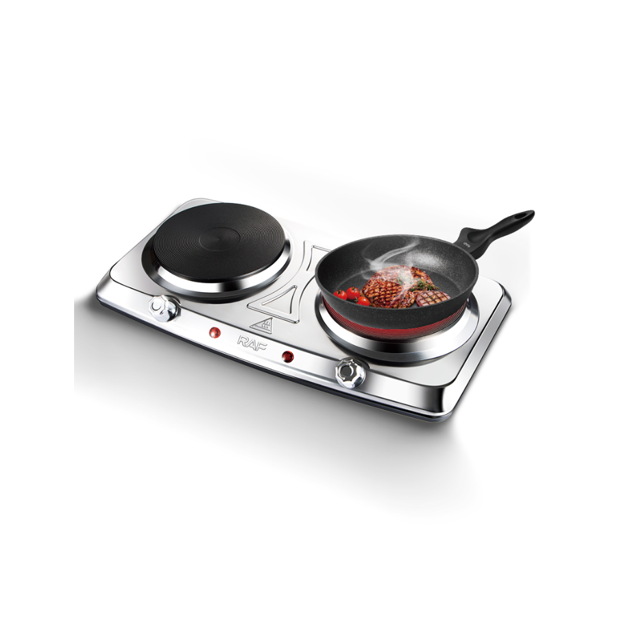 Plită Electrică Dublă RAF R.8205, 2000W, 2 Ochiuri, Inox, Control Mecanic, Temperatură Reglabilă, Portabilă pentru Acasă și Camping