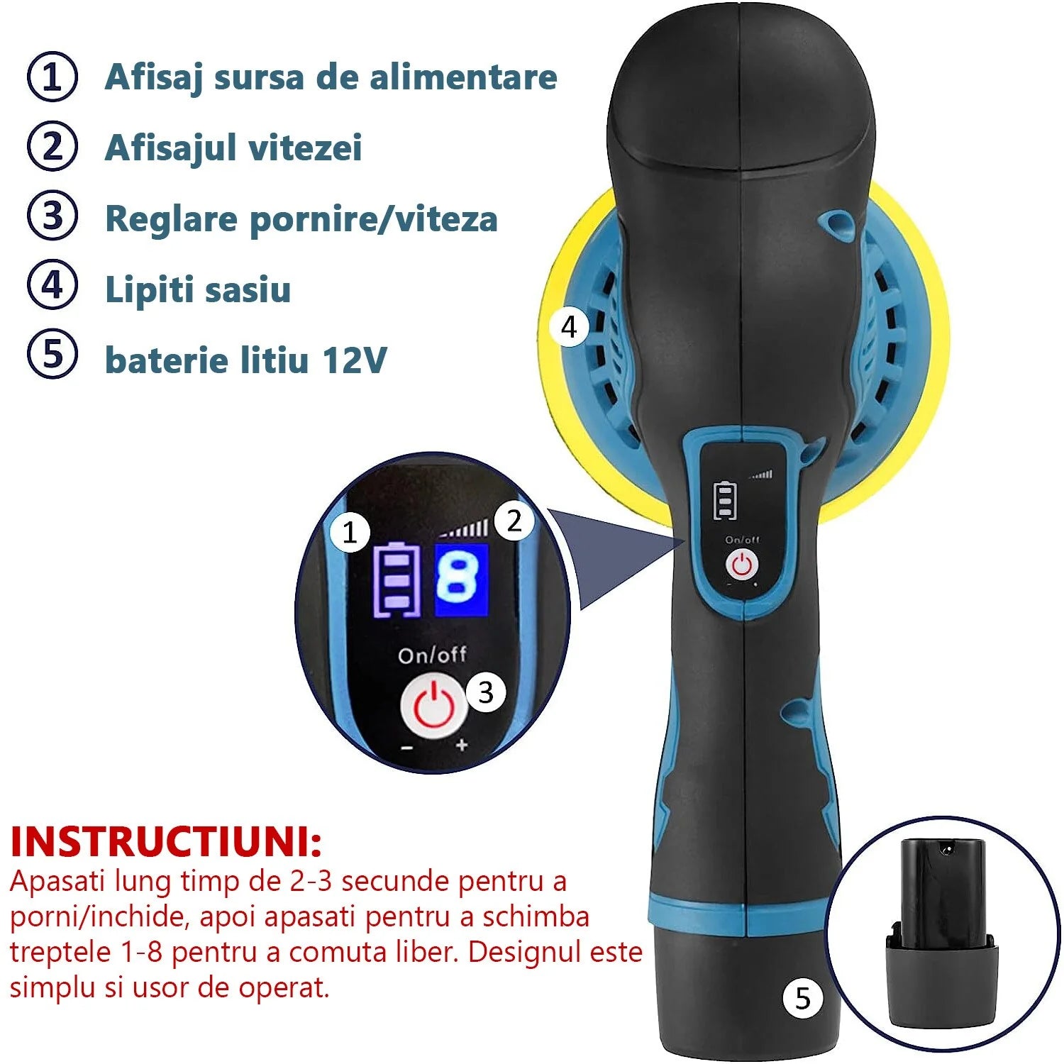 Aparat polish auto , 2 acumulatori 36V, fara fir , portabil , 2500-5000 Rpm , 8 viteze