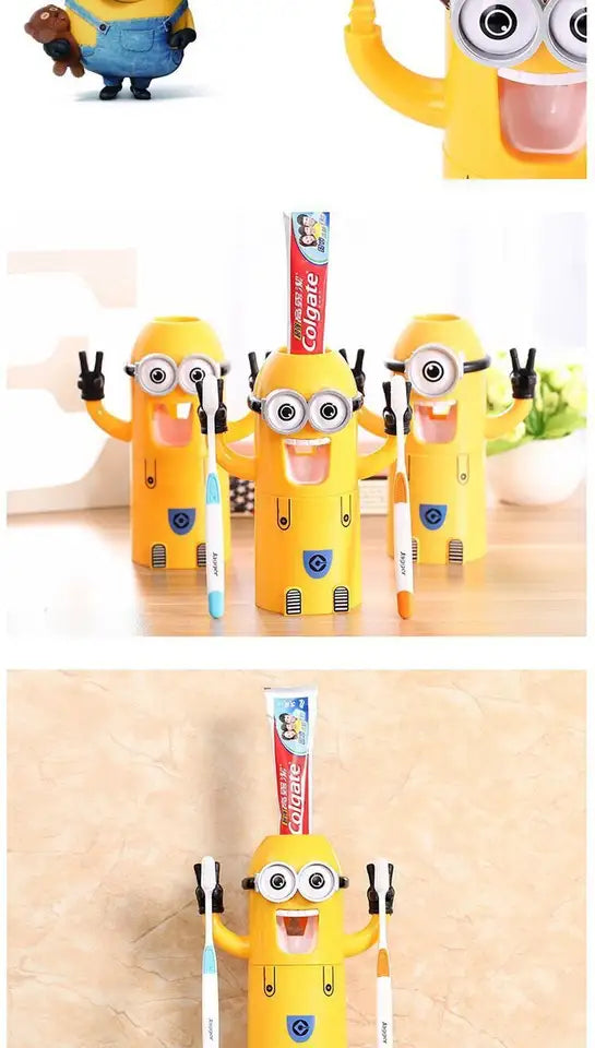 Dozator pastă de dinți cu suport pentru 2 periuțe , model minions