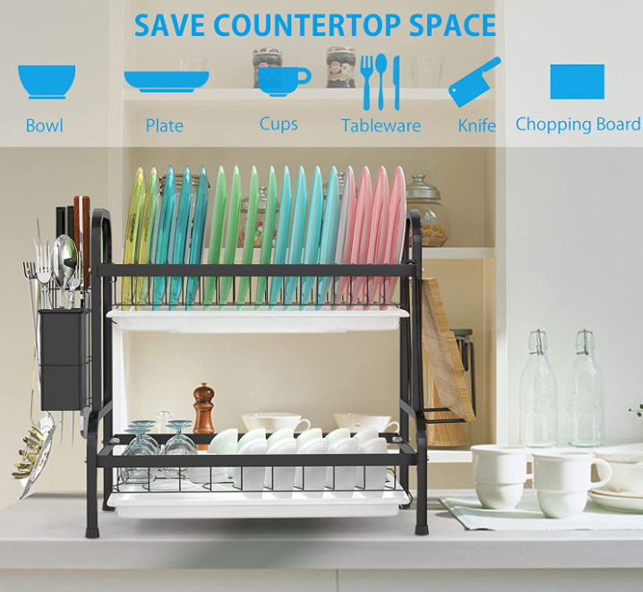 Suport de vase metalic, supraetajat, cu 2 polițe, design scandinav, negru