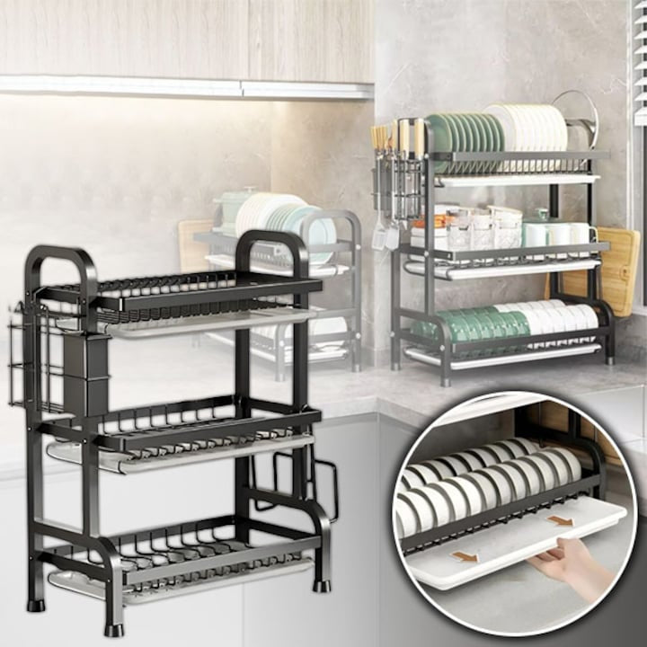 Suport de vase metalic supraetajat, 3 niveluri, Negru