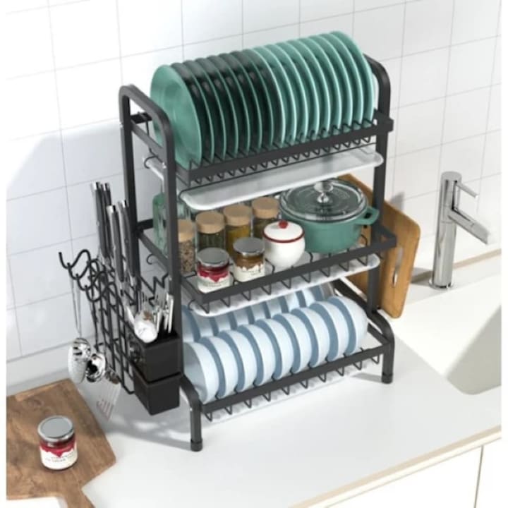 Suport de vase metalic supraetajat, 3 niveluri, Negru