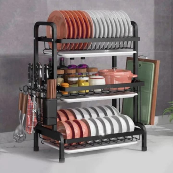 Suport de vase metalic supraetajat, 3 niveluri, Negru