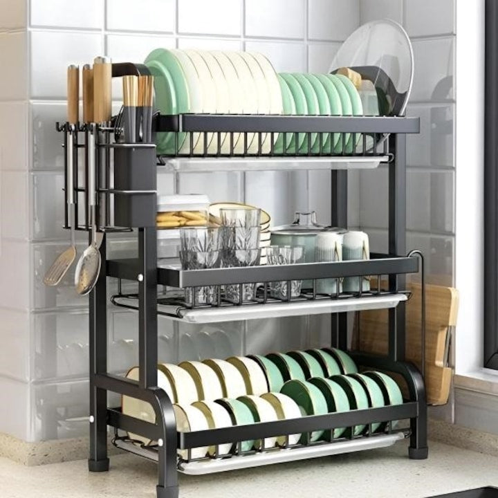 Suport de vase metalic supraetajat, 3 niveluri, Negru