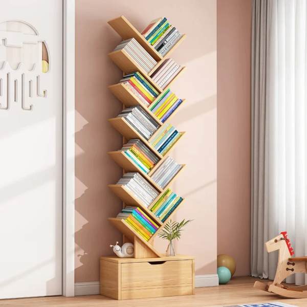Raft modern pentru depozitare carti, organizator din lemn in forma de copac 158x34cm