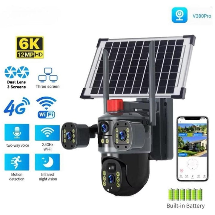 Cameră solară 4k, conexiune 4G și WiFi , 12 MP Ultra HD , 4 lentile, Zoom 10X, vedere nocturnă color, Panou 7.5W