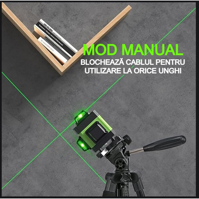 Nivela Laser 4D cu 16 Linii, Autonivelare, 2 Acumulatori, Lumina Verde, Trepied 150 cm, Telecomandă, Platformă Ridicare, Profesională