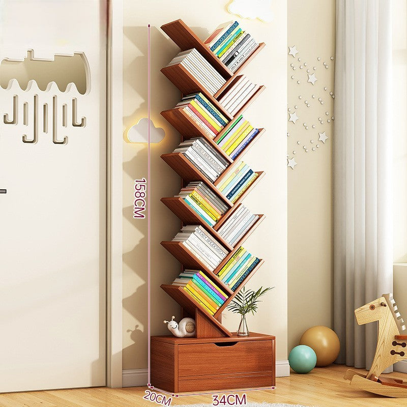 Raft modern pentru depozitare carti, organizator din lemn in forma de copac 158x34cm